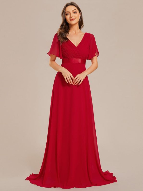 Long Empire Waist Bridesmaid Dress with Short Flutter Sleeves - Red