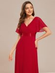 Long Empire Waist Bridesmaid Dress with Short Flutter Sleeves – Red