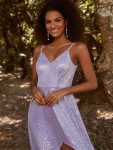 Sparkling Sequin Spaghetti Straps High-Low Backless Evening Dress – Lavender