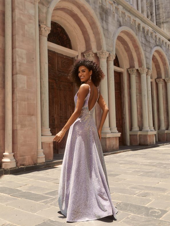 Sparkling Sequin Spaghetti Straps High-Low Backless Evening Dress - Lavender