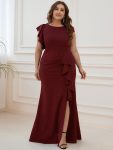 Ruffled Asymmetrical Front Slit Floor-Length Knit Evening Dress – Burgundy