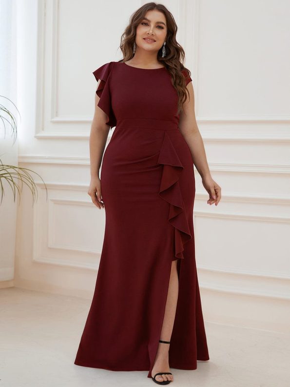 Ruffled Asymmetrical Front Slit Floor-Length Knit Evening Dress - Burgundy