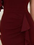 Ruffled Asymmetrical Front Slit Floor-Length Knit Evening Dress – Burgundy