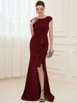 Ruffled Asymmetrical Front Slit Floor-Length Knit Evening Dress – Burgundy