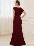 Ruffled Asymmetrical Front Slit Floor-Length Knit Evening Dress – Burgundy