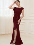 Ruffled Asymmetrical Front Slit Floor-Length Knit Evening Dress – Burgundy