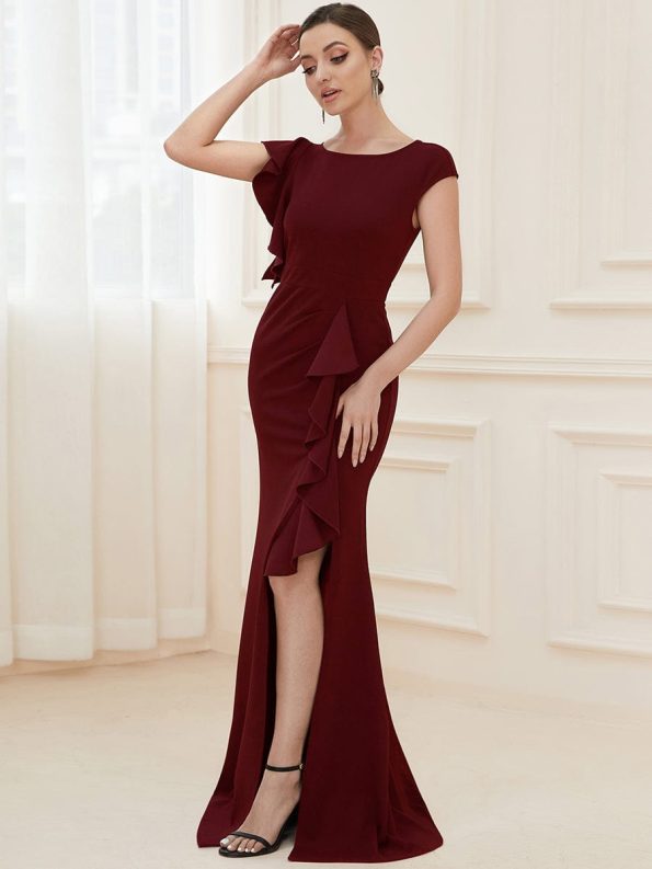 Ruffled Asymmetrical Front Slit Floor-Length Knit Evening Dress - Burgundy