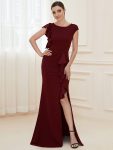 Ruffled Asymmetrical Front Slit Floor-Length Knit Evening Dress – Burgundy