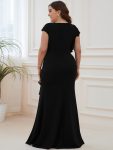 Ruffled Asymmetrical Front Slit Floor-Length Knit Evening Dress – Black