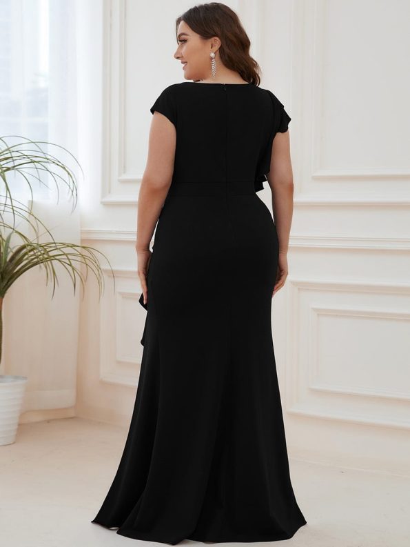 Ruffled Asymmetrical Front Slit Floor-Length Knit Evening Dress - Black