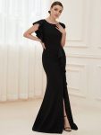 Ruffled Asymmetrical Front Slit Floor-Length Knit Evening Dress – Black