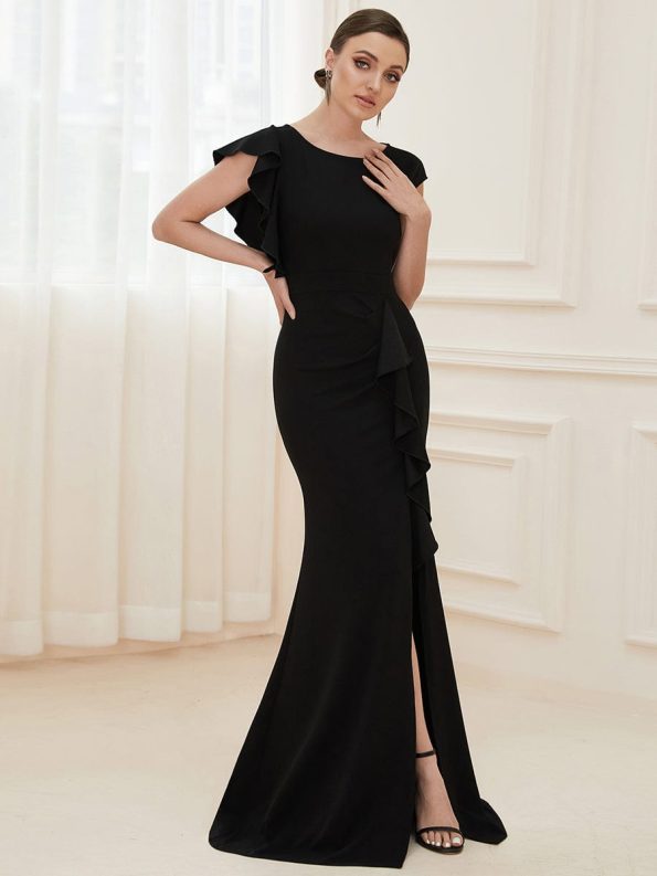 Ruffled Asymmetrical Front Slit Floor-Length Knit Evening Dress - Black