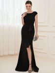 Ruffled Asymmetrical Front Slit Floor-Length Knit Evening Dress – Black