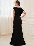 Ruffled Asymmetrical Front Slit Floor-Length Knit Evening Dress – Black