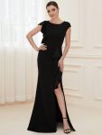 Ruffled Asymmetrical Front Slit Floor-Length Knit Evening Dress - Black