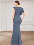 Ruffled Asymmetrical Front Slit Floor-Length Knit Evening Dress – Denim Blue