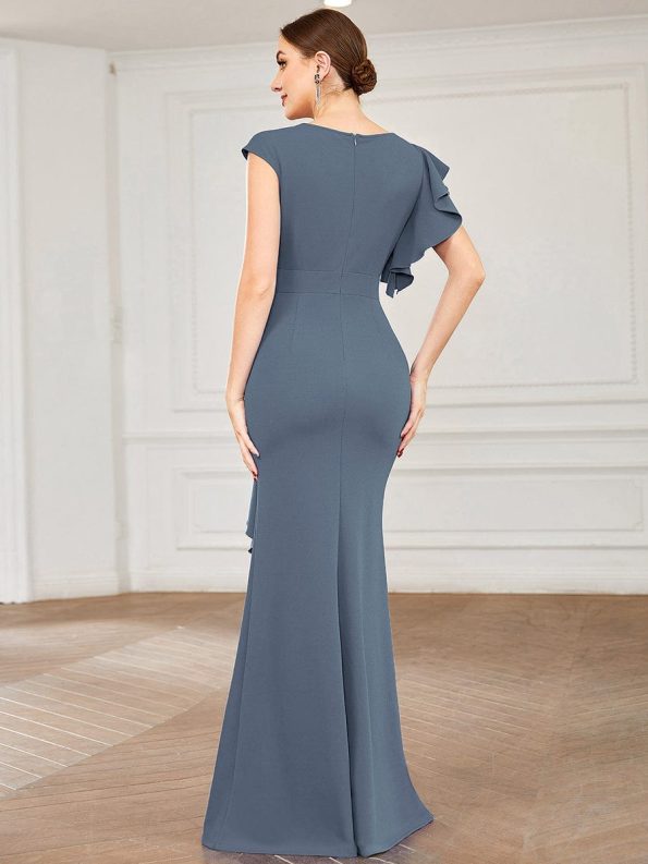 Ruffled Asymmetrical Front Slit Floor-Length Knit Evening Dress - Denim Blue