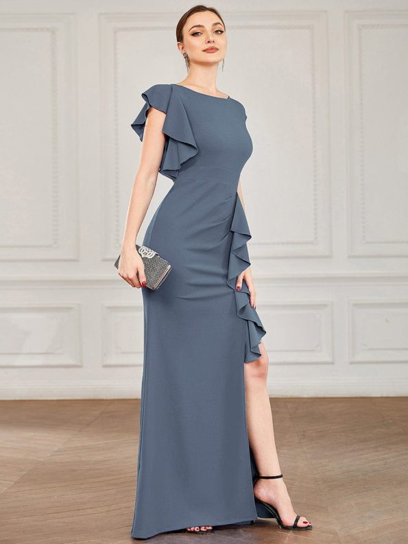 Ruffled Asymmetrical Front Slit Floor-Length Knit Evening Dress - Denim Blue