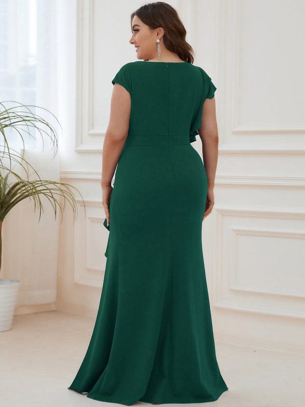 Ruffled Asymmetrical Front Slit Floor-Length Knit Evening Dress - Dark Green