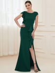 Ruffled Asymmetrical Front Slit Floor-Length Knit Evening Dress – Dark Green