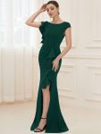 Ruffled Asymmetrical Front Slit Floor-Length Knit Evening Dress – Dark Green