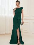 Ruffled Asymmetrical Front Slit Floor-Length Knit Evening Dress – Dark Green