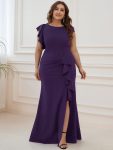 Ruffled Asymmetrical Front Slit Floor-Length Knit Evening Dress – Dark Purple