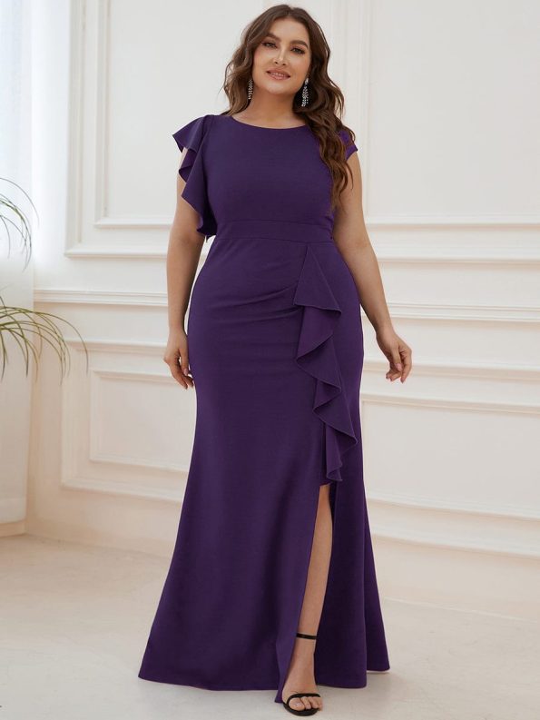 Ruffled Asymmetrical Front Slit Floor-Length Knit Evening Dress - Dark Purple