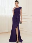 Ruffled Asymmetrical Front Slit Floor-Length Knit Evening Dress – Dark Purple