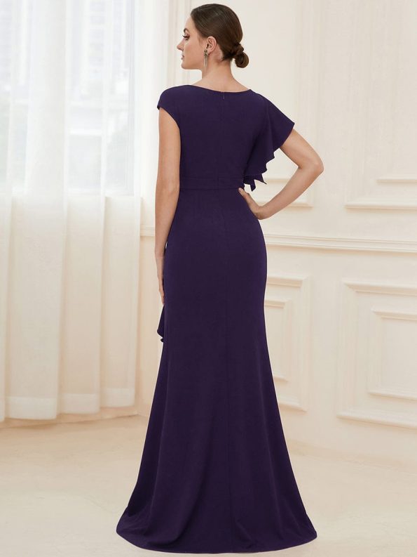 Ruffled Asymmetrical Front Slit Floor-Length Knit Evening Dress - Dark Purple