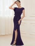 Ruffled Asymmetrical Front Slit Floor-Length Knit Evening Dress – Dark Purple