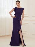 Ruffled Asymmetrical Front Slit Floor-Length Knit Evening Dress – Dark Purple