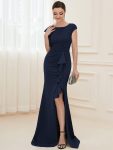 Ruffled Asymmetrical Front Slit Floor-Length Knit Evening Dress – Navy Blue