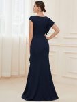 Ruffled Asymmetrical Front Slit Floor-Length Knit Evening Dress – Navy Blue