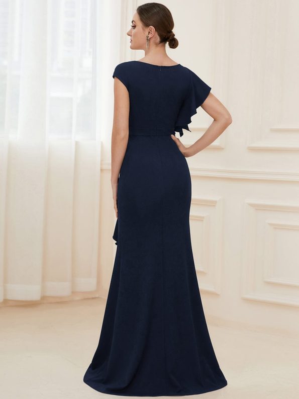 Ruffled Asymmetrical Front Slit Floor-Length Knit Evening Dress - Navy Blue