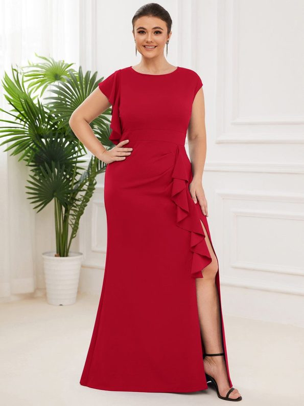 Ruffled Asymmetrical Front Slit Floor-Length Knit Evening Dress - Red