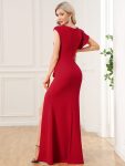 Ruffled Asymmetrical Front Slit Floor-Length Knit Evening Dress – Red