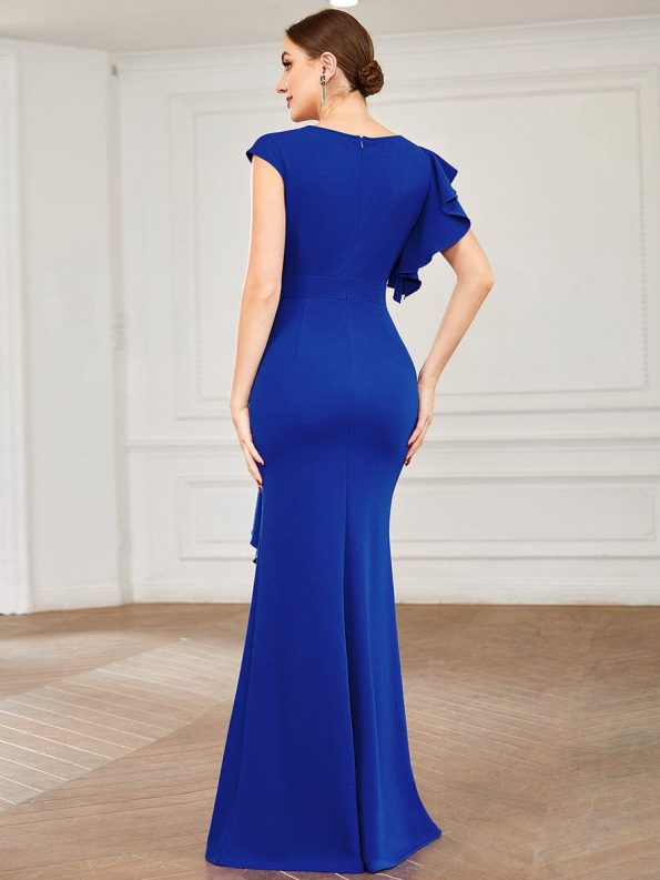 Ruffled Asymmetrical Front Slit Floor-Length Knit Evening Dress - Sapphire Blue