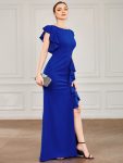 Ruffled Asymmetrical Front Slit Floor-Length Knit Evening Dress – Sapphire Blue