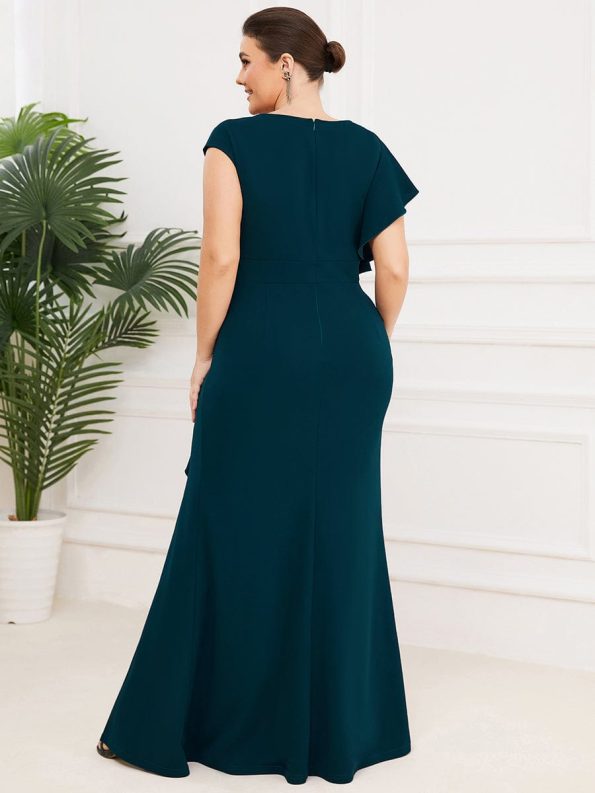 Ruffled Asymmetrical Front Slit Floor-Length Knit Evening Dress - Teal