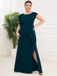 Ruffled Asymmetrical Front Slit Floor-Length Knit Evening Dress – Teal