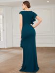 Ruffled Asymmetrical Front Slit Floor-Length Knit Evening Dress – Teal