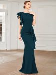 Ruffled Asymmetrical Front Slit Floor-Length Knit Evening Dress – Teal