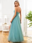 Strapless Ruched Tulle High Slit Floor-Length Evening Dress – Dusty Blue