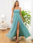 Strapless Ruched Tulle High Slit Floor-Length Evening Dress – Dusty Blue