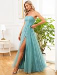 Strapless Ruched Tulle High Slit Floor-Length Evening Dress – Dusty Blue