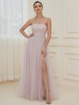 Strapless Ruched Tulle High Slit Floor-Length Evening Dress – Lilac