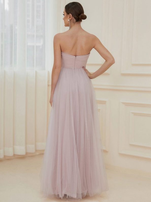 Strapless Ruched Tulle High Slit Floor-Length Evening Dress - Lilac