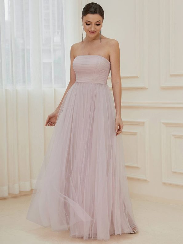 Strapless Ruched Tulle High Slit Floor-Length Evening Dress - Lilac