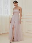 Strapless Ruched Tulle High Slit Floor-Length Evening Dress – Lilac